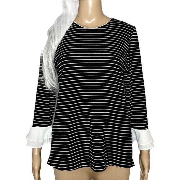 Karl Lagerfeld Paris Black Striped Bell Sleeve Top Size Small - Picture 1 of 8